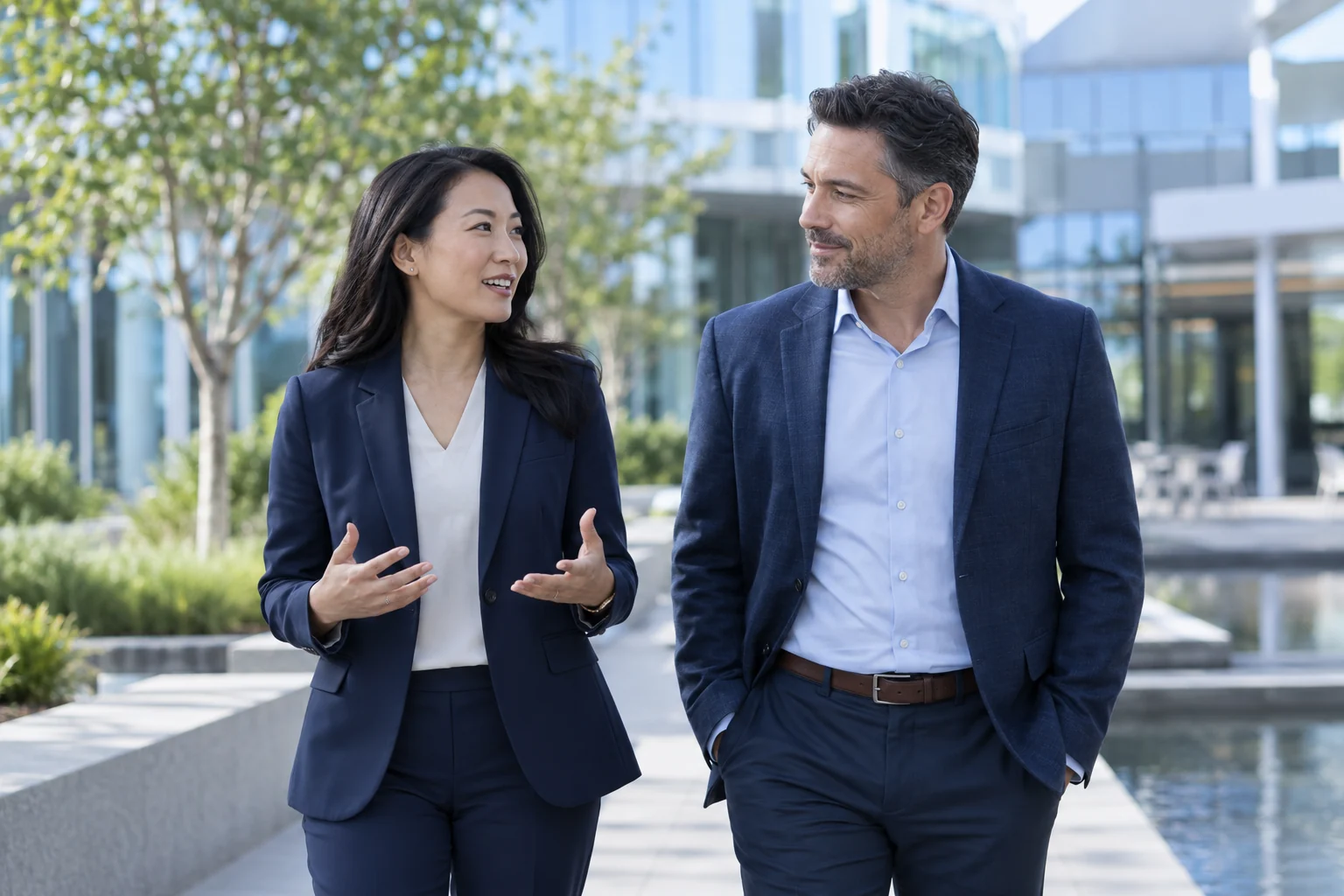 Two professionals speaking in a bright office courtyard