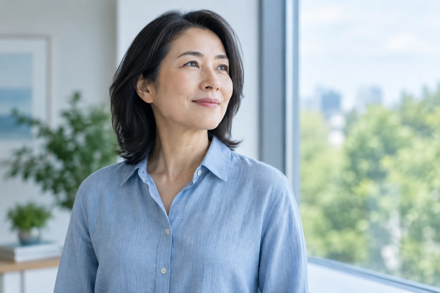 A woman in a pale-blue shirt standing in natural window light