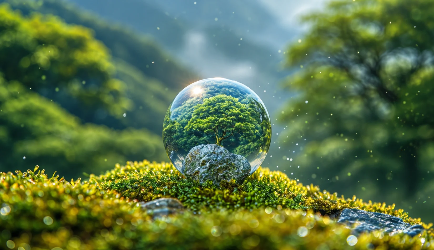 A transparent glass sphere with forest reflections resting on moss