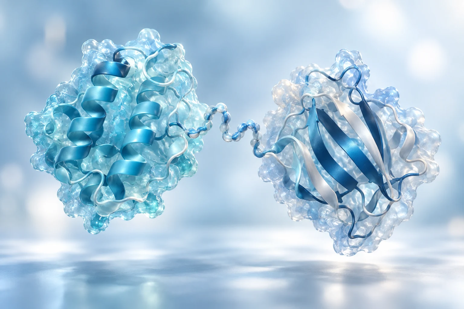 Scientific concept render of two protein domains joined by a flexible linker