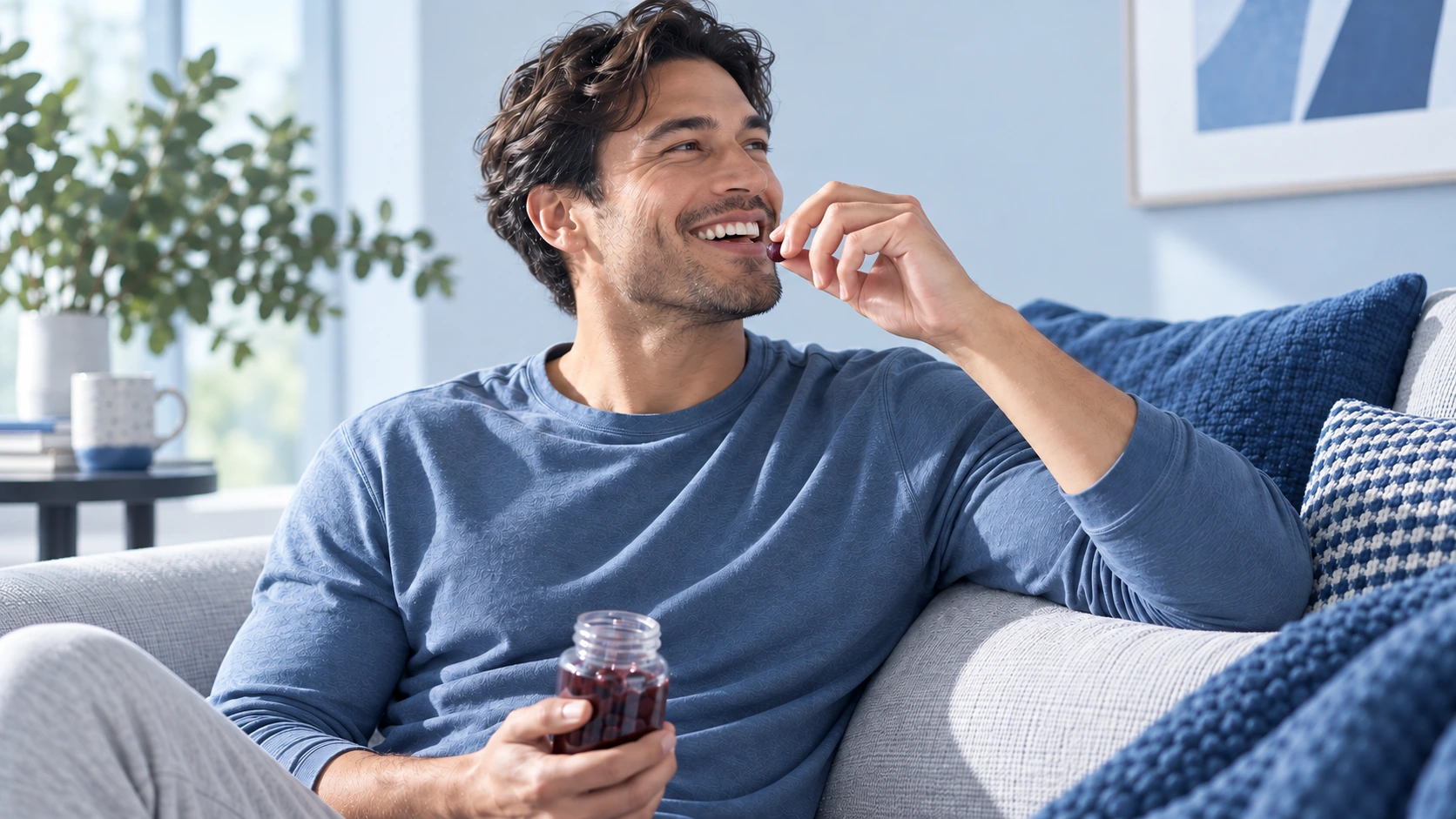 A man taking a supplement in a softly lit blue and white living room