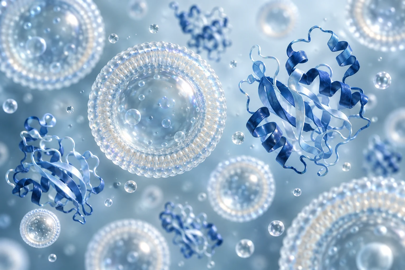 Scientific concept render of cell-free vesicles and folded proteins