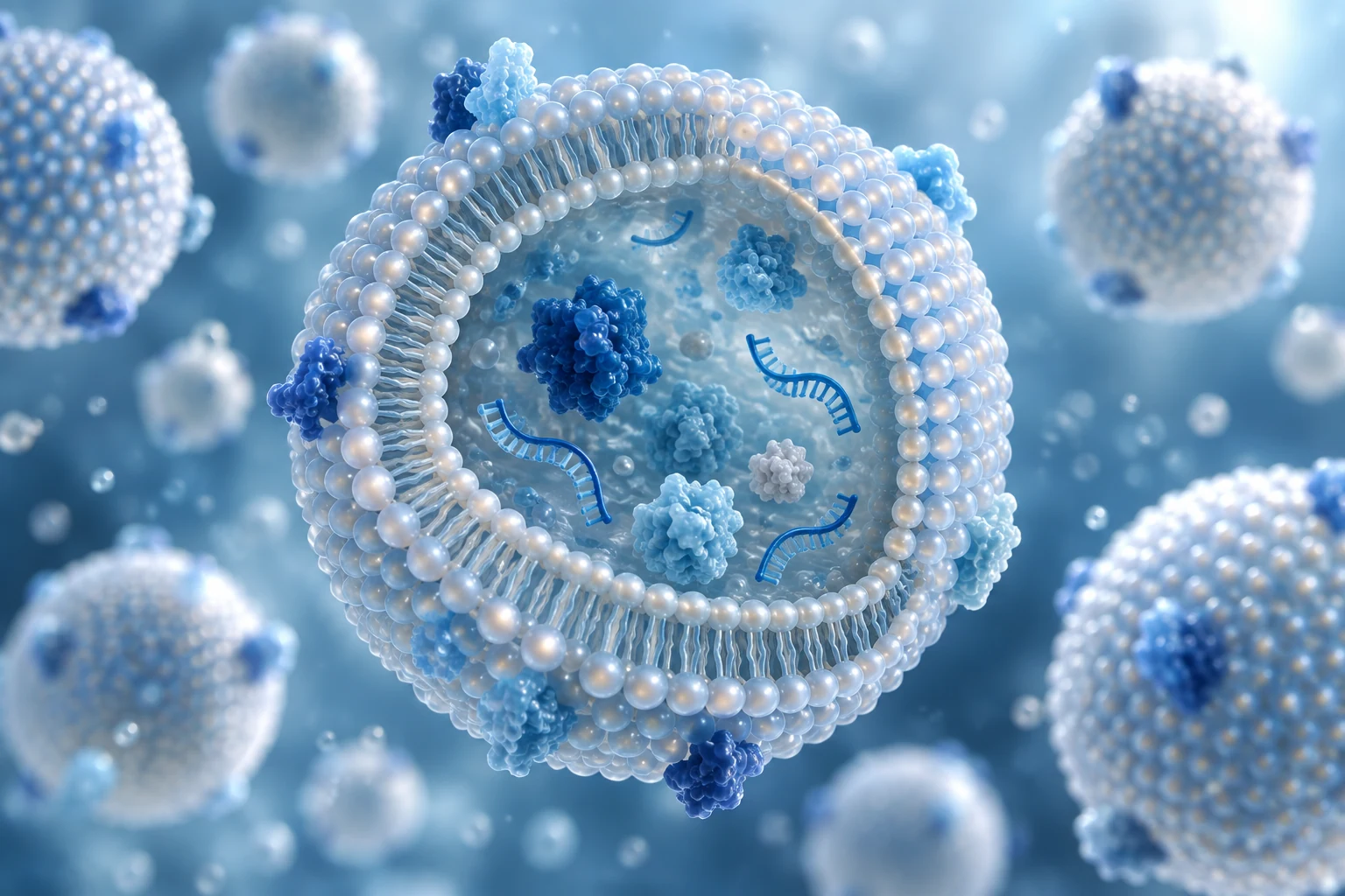 Scientific concept cutaway of an extracellular vesicle with membrane and molecular cargo